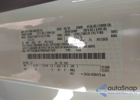 2024 Ford F-250 Xl z USA, uszkodzony, nr VIN 1FT7X2BA7RED47725